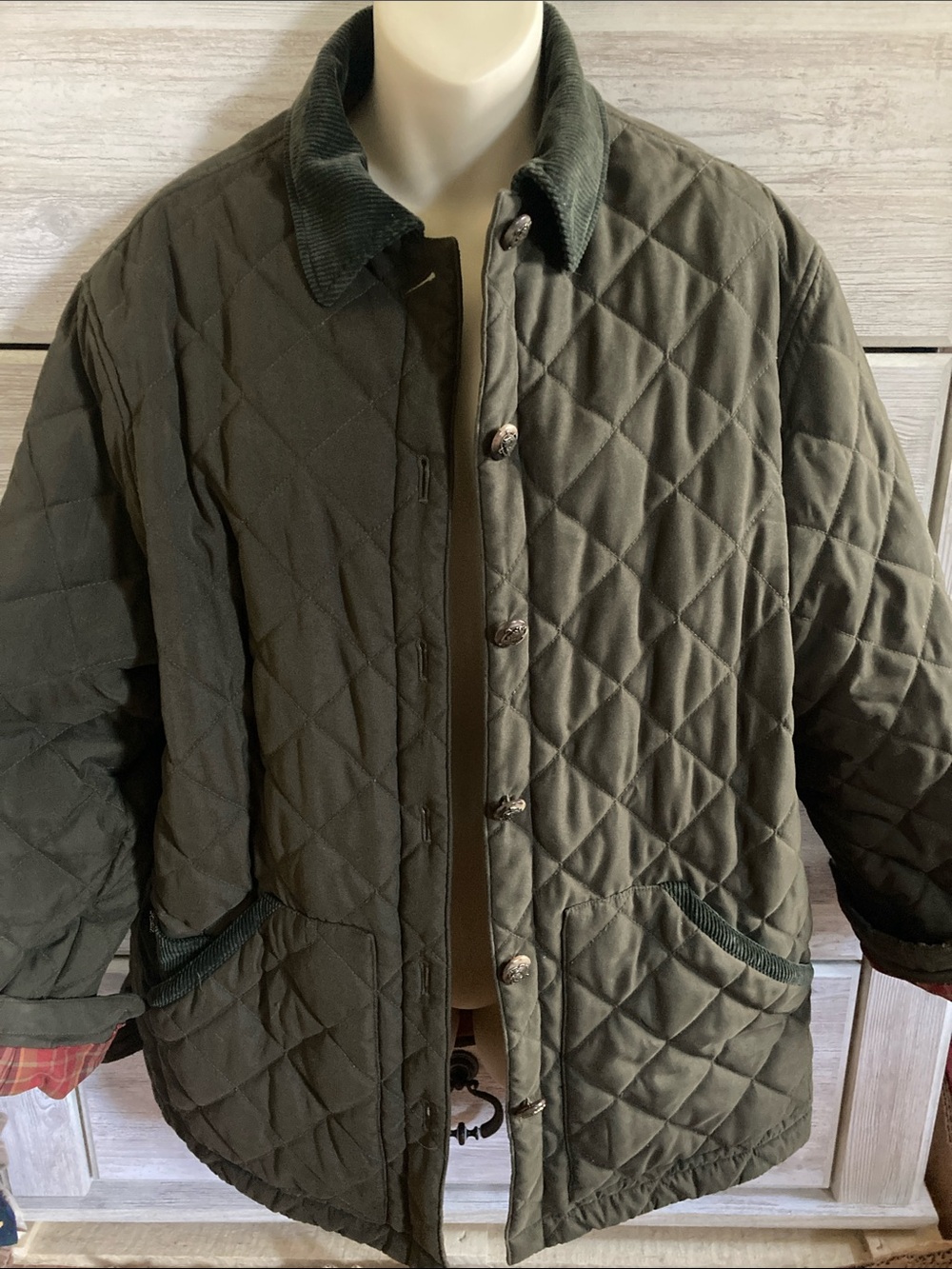 VINTAGE Lauren Ralph Lauren Olive Green Quilted Jacket Button Down Equestrian M